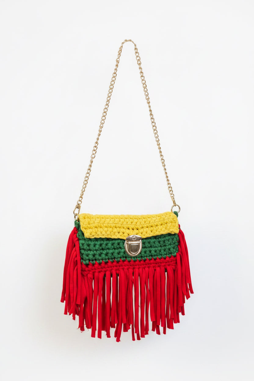 Handmade yellow, black and green crochet clutch with gold chain strap