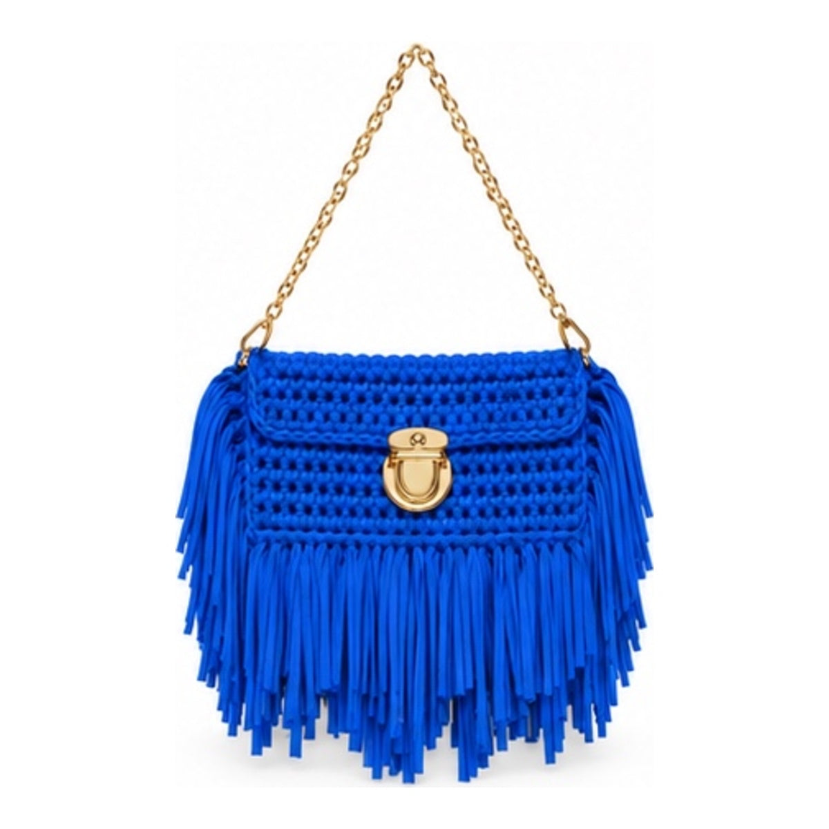 Black handmade crochet fringe clutch with gold chain strap