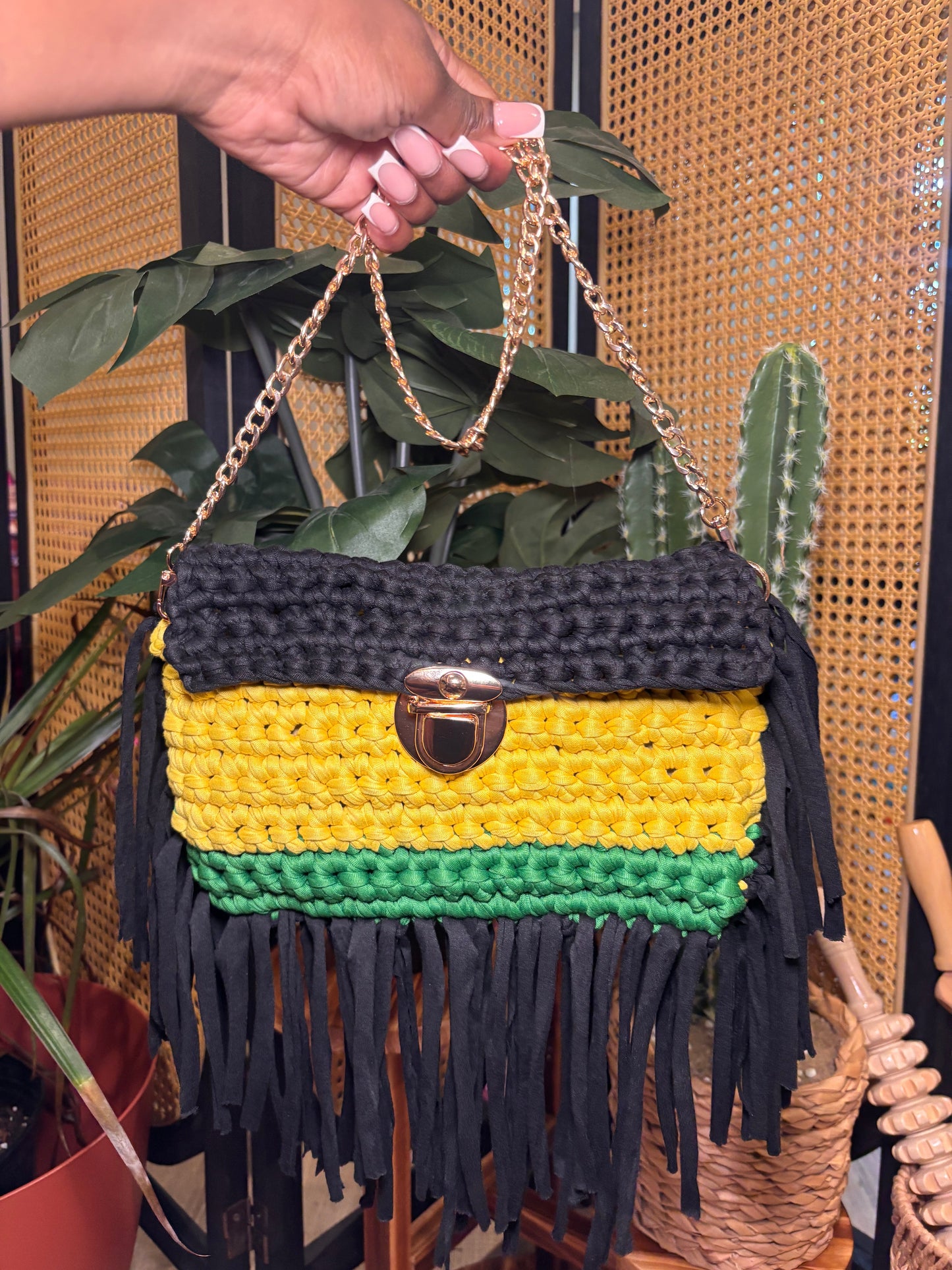 Handmade yellow, green and red crochet clutch with silver chain strap