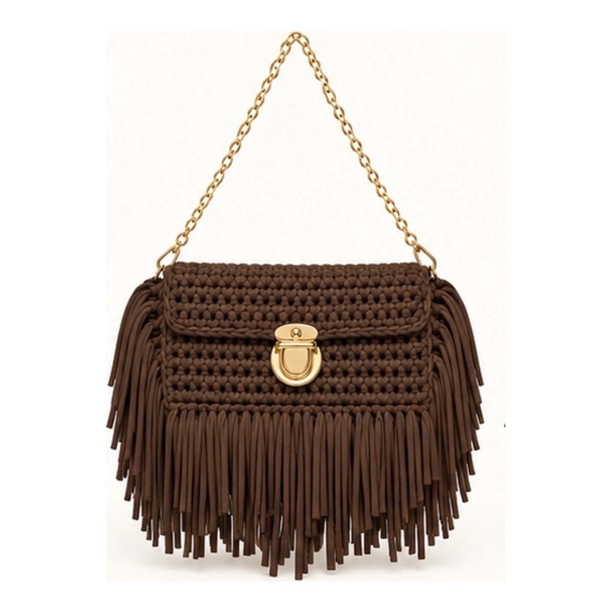 Chocolate brown handmade crochet fringe clutch with gold chain strap