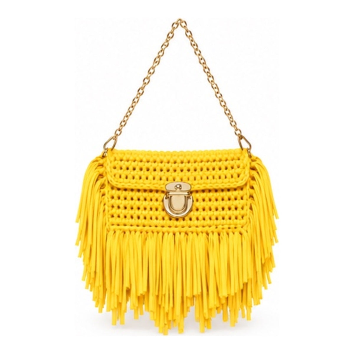 Hot pink handmade crochet fringe clutch with gold chain strap