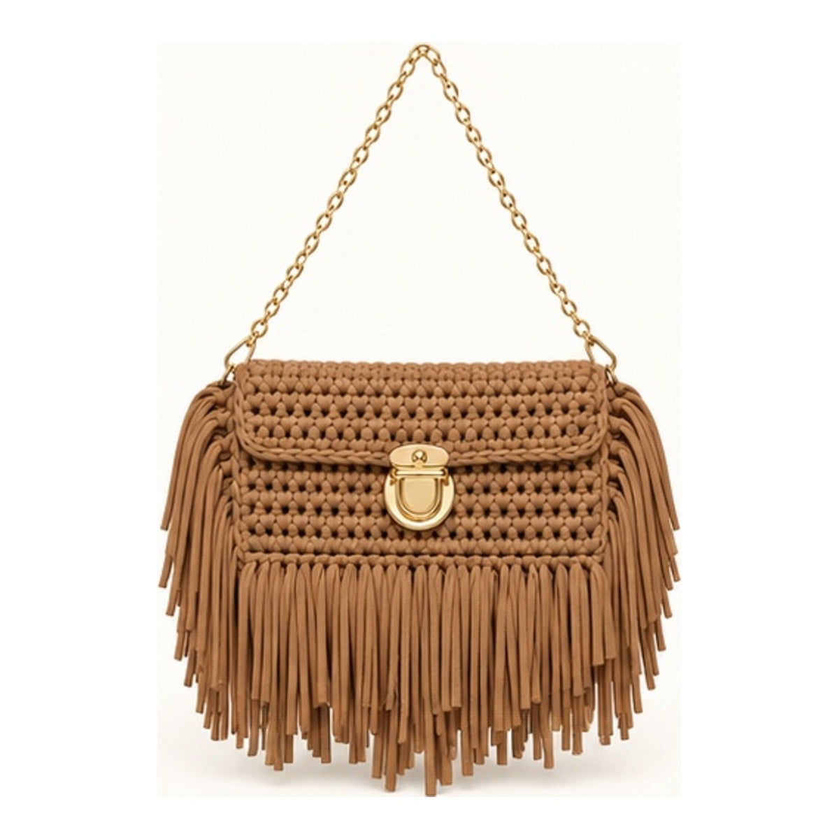 Camel tan handmade crochet fringe clutch with gold chain strap
