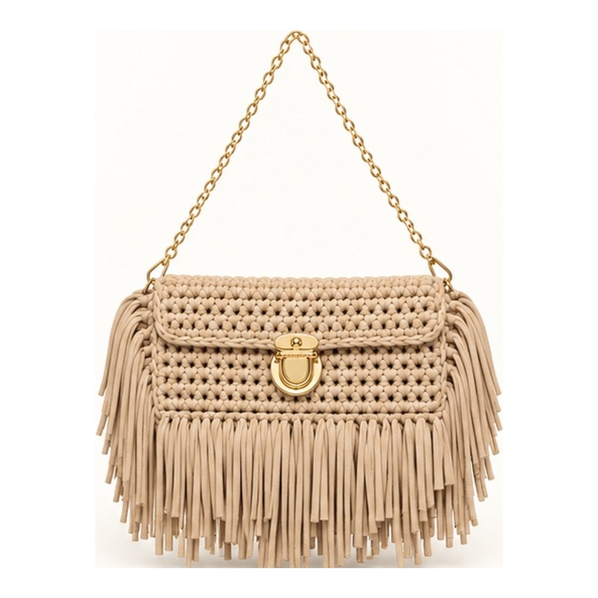 Beige handmade crochet fringe clutch with gold chain strap