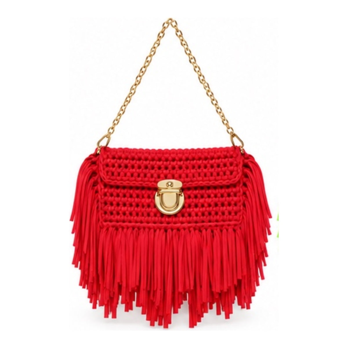 Red handmade crochet fringe clutch with gold chain strap