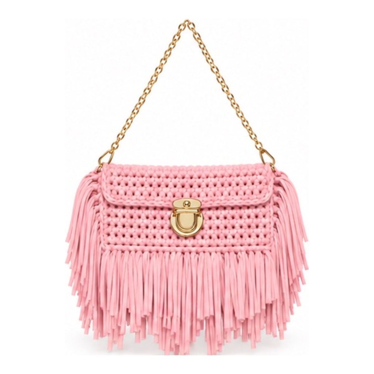 Light pink handmade crochet fringe clutch with gold chain strap